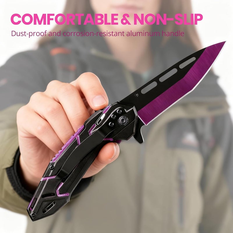 FUNBRO Pocket Knife for Women & Men, Cool Folding Knife with 3.4” Stainless Steel Sharp Blade, Flipper Open EDC Knives with Clip for Outdoor Camping Hiking (Purple) - Image 3